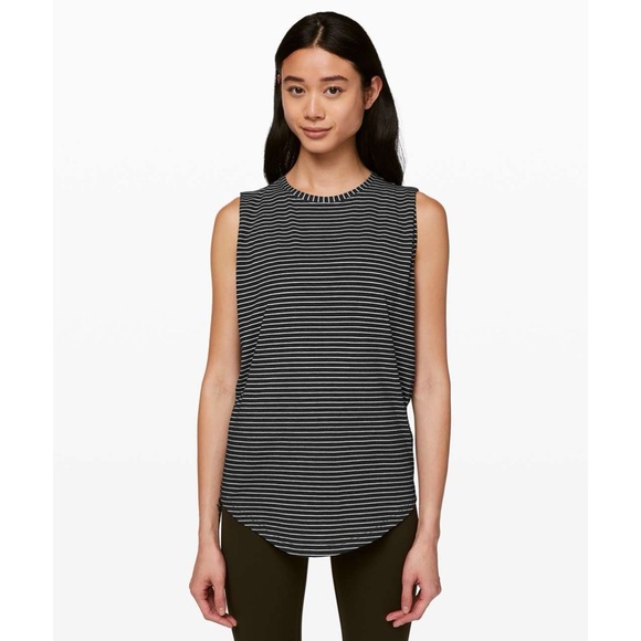 Lululemon Womens Brunswick Muscle Tank Gray White Stripe Pima Cotton Size 10 - Picture 1 of 10